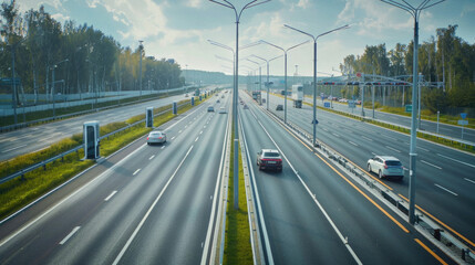 A highway with cars driving on it and a few electric charging stations