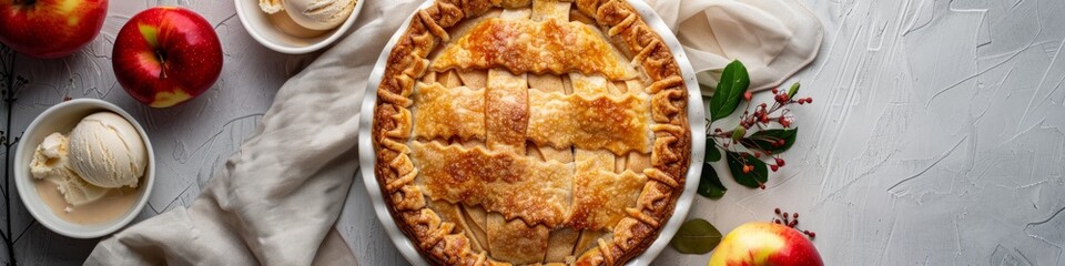 Composition with delicious apple pie top view