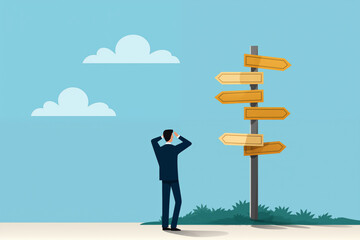 Business graphic vector modern style illustration of a business person next to a signpost representing lost no direction unsure indecisive which way to go or which decision to make