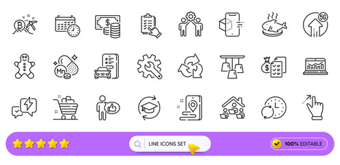 Lightning bolt, Customisation and Grocery basket line icons for web app. Pack of Recycle, Touchscreen gesture, Coins banknote pictogram icons. Update time, Continuing education. Search bar. Vector