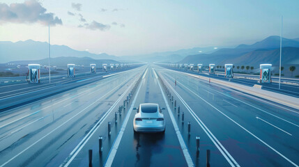 Obraz premium A car is driving down a highway with a lot of signs and poles