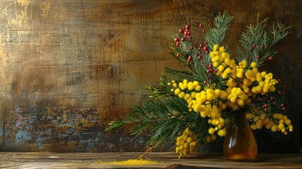 A vibrant yellow mimosa blooms against a rustic wooden backdrop creating a charming still life featuring delightful holiday flowers