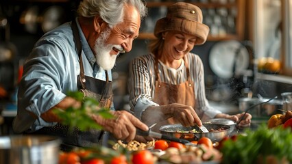 Elderly couple happily cooking in a travel cooking class showcasing culinary skills. Concept Cooking Together, Culinary Experience, Elderly Couple, Travel Adventures, Kitchen Joy