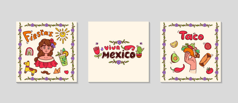 Mexican festive cards for Social media. Square greeting post set. Background for sale, promotions, visual design. Celebration text templates for invitations. Vector doodle illustration.
