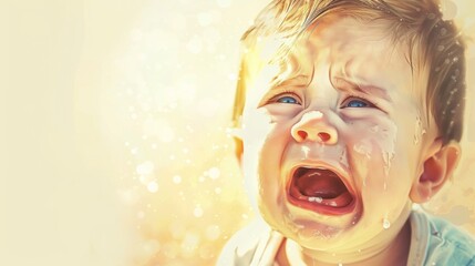 A crying child in trouble, with tears and a facial expression that conveys genuine emotions. - obrazy, fototapety, plakaty