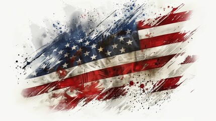 American flag, on a white background, splashes of paint and sparks, vintage style.