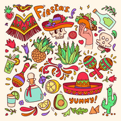 Cinco de Mayo doodle set color. Mexican food elements, traditions, plants big collection. Mexican celebration background. Guitar, sombrero, maracas, cactus and chili, taco, tequila isolated on white.