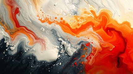   An abstract painting with swirling white, orange, and black drops against a contrasting background of white, black, and orange