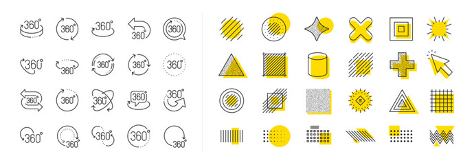 Rotate arrow, VR panoramic simulation and augmented reality. Design shape elements. 360 degree line icons. 360 degree virtual gaming, abstract geometry, full rotation view icons. Vector