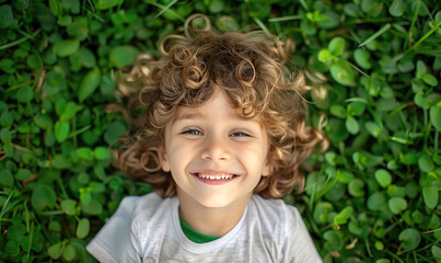 A young child's smiling in green grass