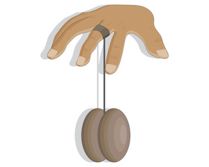 vector design, cartoon illustration of a hand with fingers playing a game tool called a round yo-yo with a string as a support tied to the middle finger