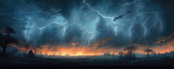 A dramatic nighttime scene with multiple lightning strikes over a barren, desolate landscape