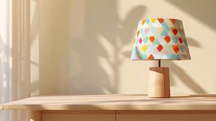 Blank mockup of a retro table lamp with a colorful patterned lampshade. .