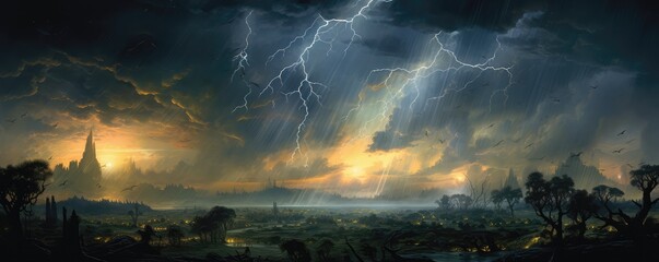 A dramatic nighttime scene with multiple lightning strikes over a barren, desolate landscape - obrazy, fototapety, plakaty