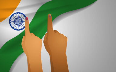 Vector illustration of male and female fingers marked with blue ink set against the backdrop of the Indian flag, civic duty, electoral participation, the right to vote and democratic engagement