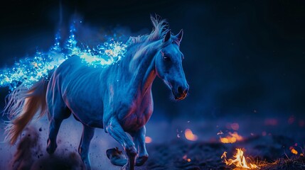 Obraz na płótnie Canvas A mythical white horse surrounded by blue flames and small fires in a dark setting.
