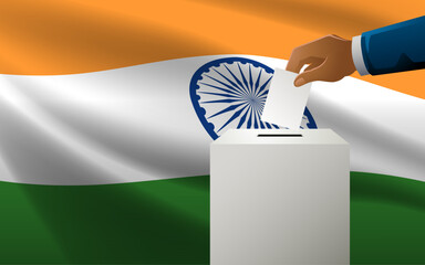 Celebrate democracy in India with this vector illustration, featuring a voting box with Indian flag as the backdrop, election day, copy space for customized messaging or event details