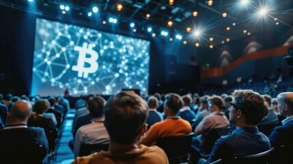 Cryptocurrency conferences and seminars. Presentation to audience. - obrazy, fototapety, plakaty