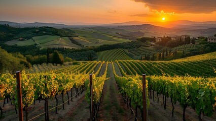 Rows of Vines in Tuscan Vineyards Bathed in Golden Sunlight Create Great Wine. Concept Tuscan Vineyards, Rows of Vines, Golden Sunlight, Wine Production, Winemaking