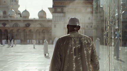 A reflective shot captures the back view of a Muslim man on his pilgrimage to Mecca, embodying the spiritual significance and profound impact of the Hajj experience on his faith jo