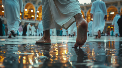 Close-up of a Muslim man's determined stride towards the Kaaba, his pilgrimage marked by devotion and humility, amidst the vibrant tapestry of cultures converging in Mecca.