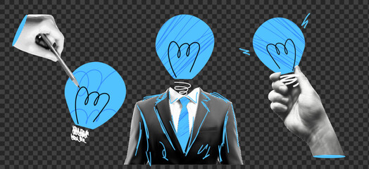 Creative collage concepts set: Man with a light bulb head in a pop art style, featuring blue  grunge textures and dadaism elements. Hand-drawn doodles and cut-out paper aesthetics 