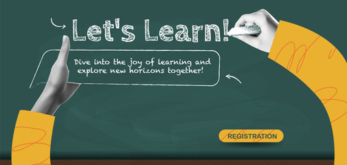Banner with school blackboard and hands in halftone effect. Collage landing page with concept of online study.  Fun vector template with trendy elements