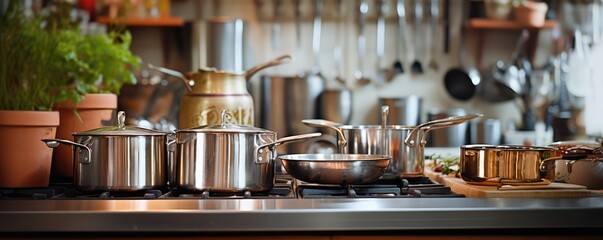 shiny stainless steel pots and pans in a professional restaurant kitchen setting - obrazy, fototapety, plakaty