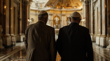 Naklejka premium The Pope, seen from behind, engages in a heartfelt conversation with a man in a business suit amidst the grandeur of the Vatican Cathedral, their dialogue echoing in the sacred sil