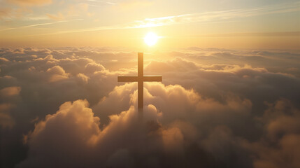 The Catholic cross stands tall amidst a sea of clouds, its outline etched against the sky as sunlight filters through, creating an awe-inspiring tableau of spiritual significance.