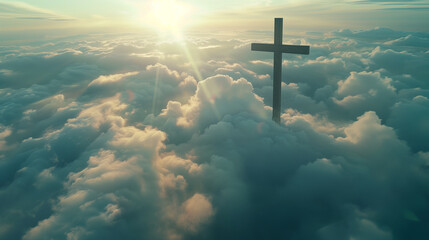 The Catholic cross stands tall amidst a sea of clouds, its outline etched against the sky as sunlight filters through, creating an awe-inspiring tableau of spiritual significance. - obrazy, fototapety, plakaty