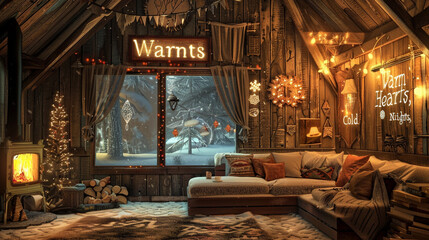 Obraz na płótnie Canvas A cozy winter cabin ambiance with the words 