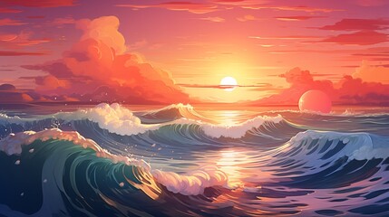 ocean and sun illustration by Vita with hand painted details. - obrazy, fototapety, plakaty