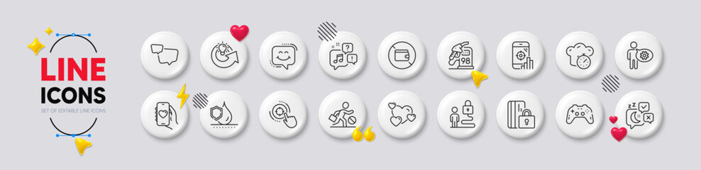 Voicemail, Blocked card and Share idea line icons. White buttons 3d icons. Pack of Speech bubble, Seo phone, Cogwheel icon. Seo target, Waterproof, Heart pictogram. Vector