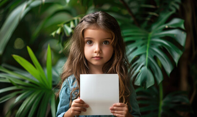 A cute little girl is holding a blank white paper. Green jungle and greenery in the background