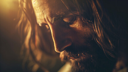 A meditative close-up of Jesus' face in prayer, with soft focus and gentle lighting, conveying the depth of his spiritual devotion and communion with God.