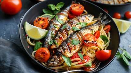 Grilled sardines with fresh vegetables
