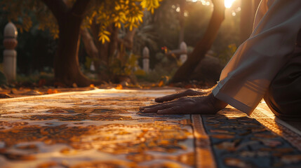 Close-up of a Muslim man's hands and forehead touching the prayer mat during namaz, with sunlight dappling through tree leaves above, casting gentle shadows on the ground around hi - obrazy, fototapety, plakaty