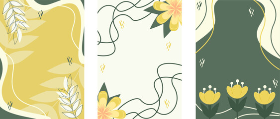 set of backgrounds with flowers and lines, green and yellow, vector illustration, for social networks, mockups and print