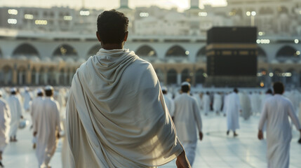 Close-up shot of a Muslim man's back adorned with the Ihram (pilgrimage garment), walking with purpose towards the Kaaba in Mecca, amidst the fervor and anticipation of the Hajj pi - obrazy, fototapety, plakaty