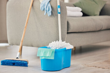 Broom, mop or supplies for cleaning in home maintenance for germ protection, bacteria or safety. Background, cloth or housekeeping tools on dirty floor ready to begin or start chores in apartment