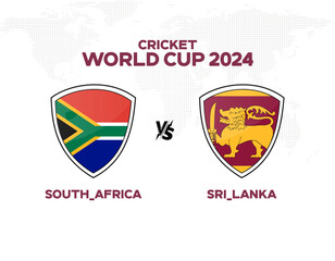 South Africa vs Sri Lanka International Cricket Match. Rival flags of both teams with badge shields. Names of both countries. World Map on Background. Editable EPS file.