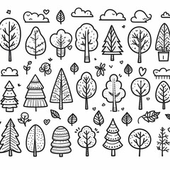 lovely set of autumn trees simple outline illustration without color