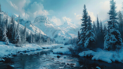 A snowy mountain range with a river running through it