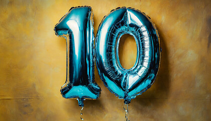 Banner with number 10 blue balloon. Ten years anniversary celebration. Bright yellow background.