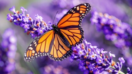 Naklejka premium Butterfly Resting on Violet Lavender Blooms