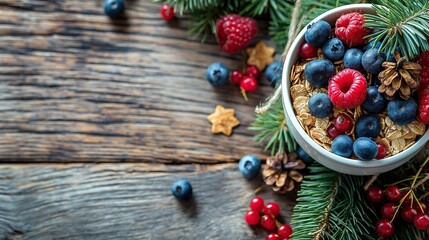 cereal and berries on wooden surface