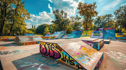 A skate park with graffiti on the walls and ramps