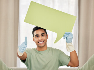 Man, portrait or thumbs up for cleaning speech bubble in home maintenance for germ protection....