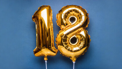 Banner with number 18 golden balloon. Ten years anniversary celebration. Bright blue background.